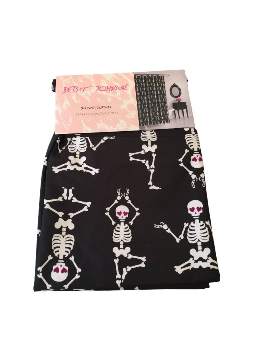 Betsey Johnson Ballet Yoga Skeletons with Heart Eyes Shower Curtain Halloween